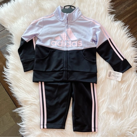 New adidas Purple Colorblock Tracksuit Jogger Jacket 2-piece set Girls Toddler - Picture 1 of 6